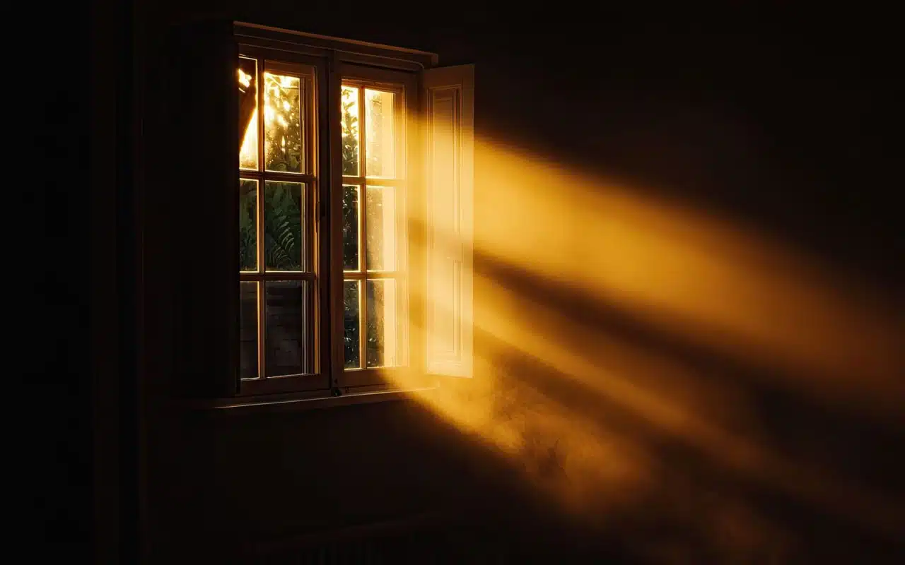 Golden sunlight streaming through a window into a dim room, lighting dust in the air