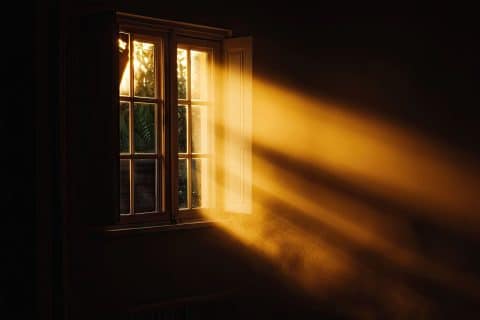 Golden sunlight streaming through a window into a dim room, lighting dust in the air