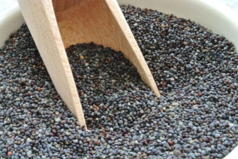 Black poppy seeds heaped in a ceramic bowl with a wooden spoon resting in them