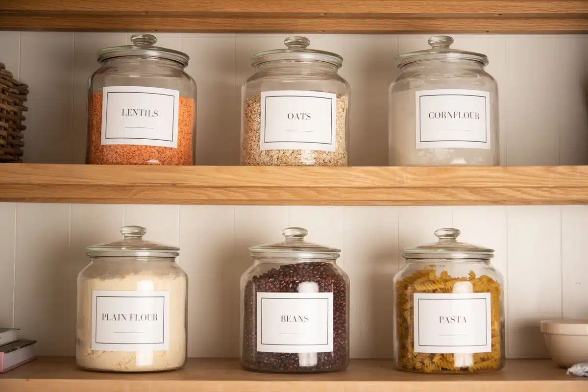 Labeled glass jars of pasta, beans, grains and cereal on a wooden pantry rack