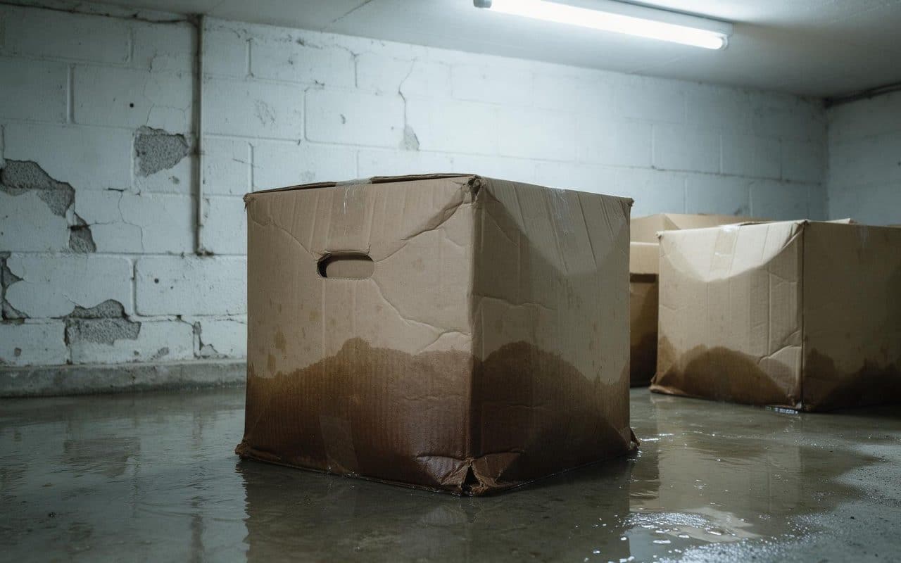 Wet cardboard storage boxes standing in water on a flooded basement floor