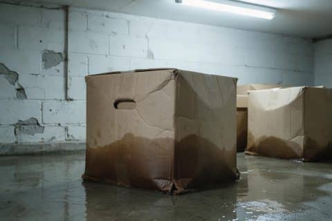 Wet cardboard storage boxes standing in water on a flooded basement floor