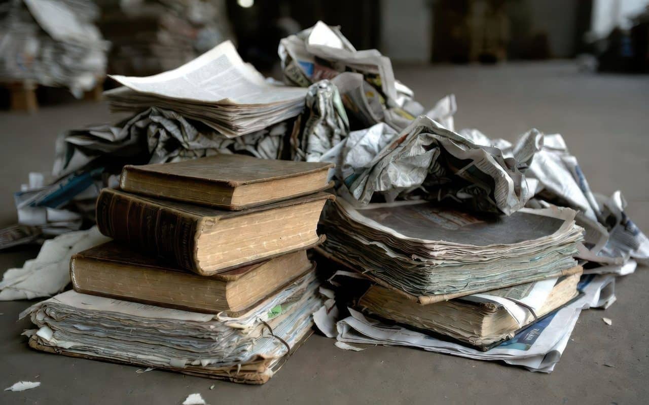 Pile of old books and crumpled newspapers stacked in a dim, unheated room