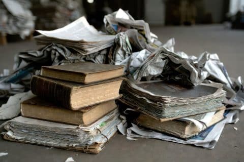 Pile of old books and crumpled newspapers stacked in a dim, unheated room