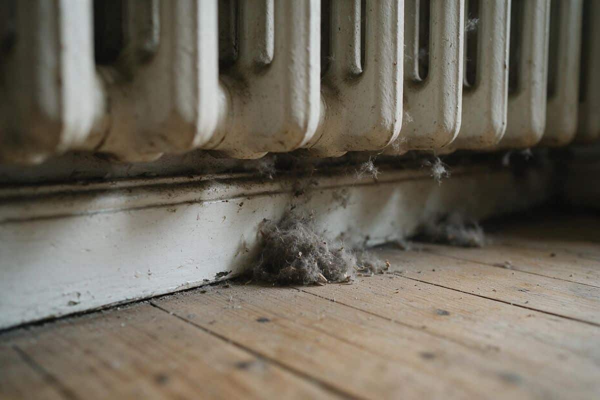 Dust and lint collected in the gap between a wooden floor and a skirting board