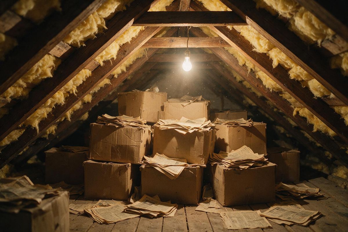 Cardboard boxes and old newspapers stacked between rafters in a roof loft