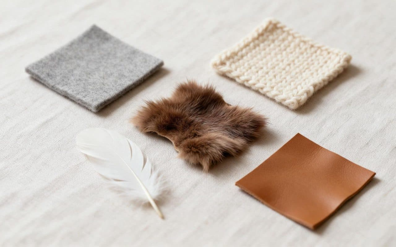 Swatches of wool felt, knitted wool, fur, a feather and leather laid out on linen