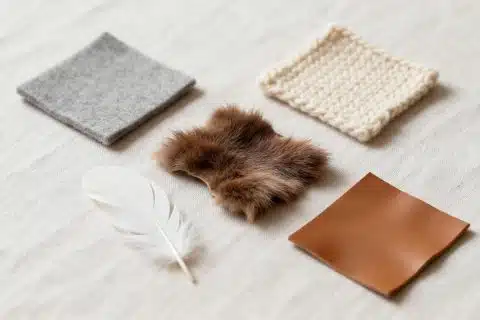 Swatches of wool felt, knitted wool, fur, a feather and leather laid out on linen
